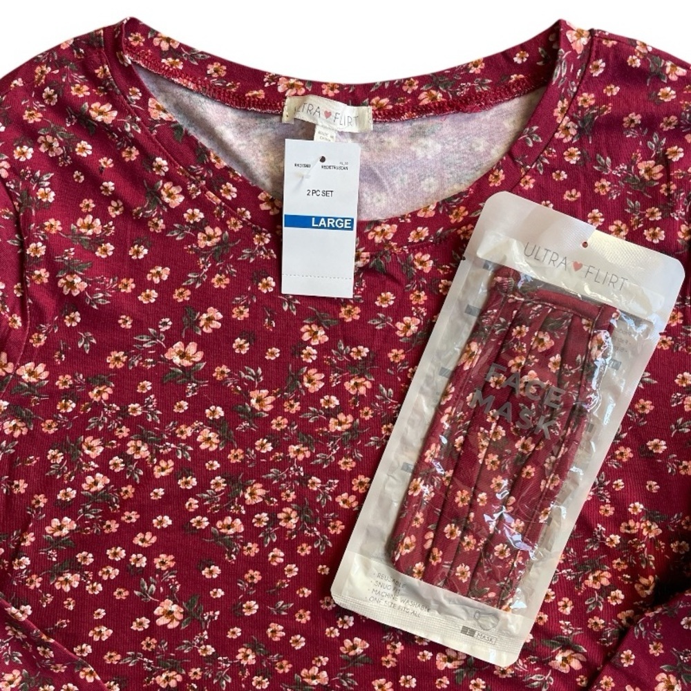 Ultra Flirt Burgundy Floral Top with Matching Face Mask | Size L - Picture 4 of 5